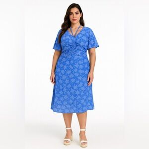 Michael‎ Kors Women's Floral-Print Tie V- Neck Ruched Midi Dress